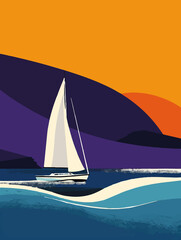 Vibrant abstract artwork of a sailboat on colorful waves at sunset. Modern, minimalist style using bold and contrasting hues. Perfect for wall art, posters, or creative backgrounds. Summer vibe.