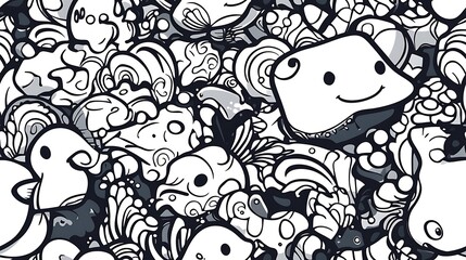 Fototapeta premium A lively underwater pattern with a variety of sea creatures, including manta rays, shrimp, and angelfish, surrounded by anemones and bubble streams. Bold outlines and vibrant color accents,