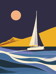 Vibrant abstract artwork of a sailboat on colorful waves at sunset. Modern, minimalist style using bold and contrasting hues. Perfect for wall art, posters, or creative backgrounds. Summer vibe.