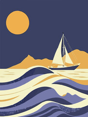Vibrant abstract artwork of a sailboat on colorful waves at sunset. Modern, minimalist style using bold and contrasting hues. Perfect for wall art, posters, or creative backgrounds. Summer vibe.