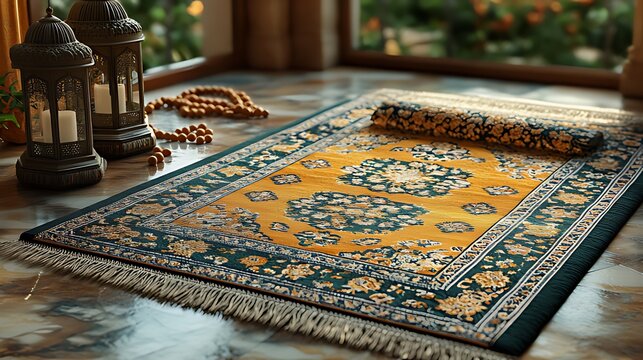 A rolled-up prayer rug with traditional Islamic designs sits on a marble surface. Beside it are two ornate candlesticks with lit candles and a string of prayer beads.