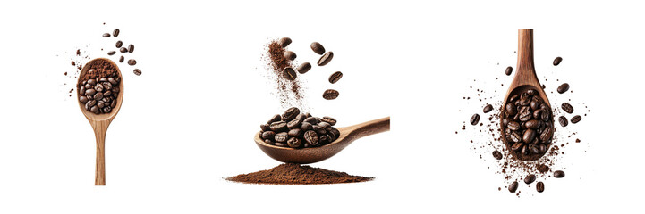 Obraz premium Coffee beans in a wooden spoon and out side of spoon coffee powder isolated on a transparent background