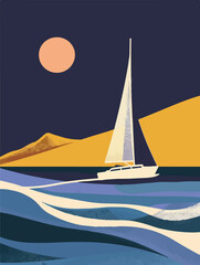 Vibrant abstract artwork of a sailboat on colorful waves at sunset. Modern, minimalist style using bold and contrasting hues. Perfect for wall art, posters, or creative backgrounds. Summer vibe.
