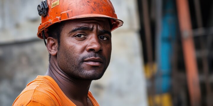 Tired migrant worker in a hard hat is tired of his shift at the factory.