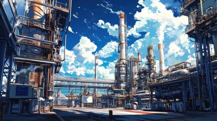 Fototapeta premium Complex machinery and pipelines at an oil refinery, industrial structures glinting under the sunlight.