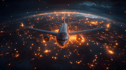 A stunning image of a plane flying over the Earth, surrounded by glowing cosmic clouds that create a sense of wonder and exploration. The vibrant colors of the clouds contrast beautifully with the blu