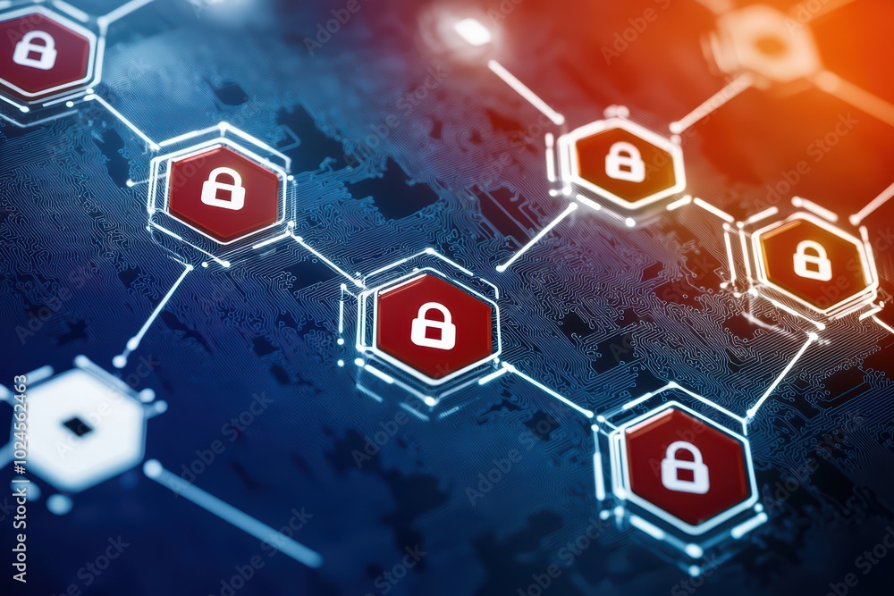 Aufkleber abstract network security concept with interconnected hexagons and padlocks on a textured background