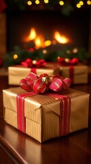A beautifully wrapped gift box with a red ribbon, sitting by a warm fireplace, perfect for holiday celebrations and festive moments.