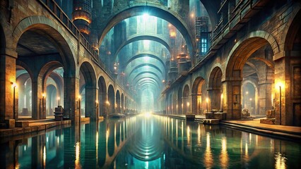 Fototapeta premium Subterranean metropolis connected by waterway and chambers Low Angle