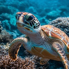 Fototapeta premium Cute Sea Turtle with Big Round Eyes Swimming