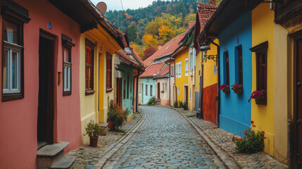 Fototapeta premium Discover the Charming Colorful Streets of a Picturesque Village: A Journey through Vibrant Architecture and Scenic Landscapes