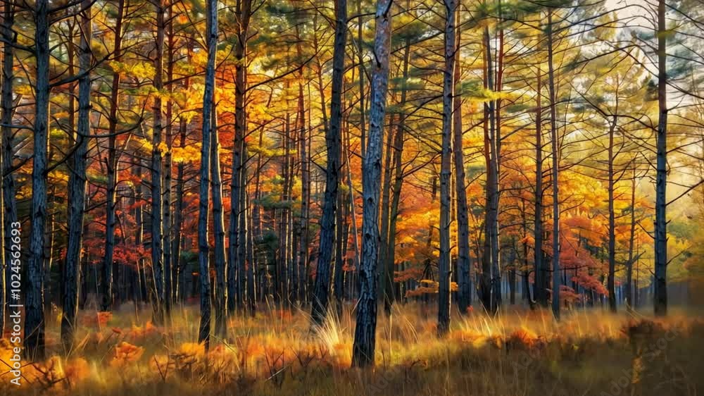 Poster a forest with trees in autumn colors.