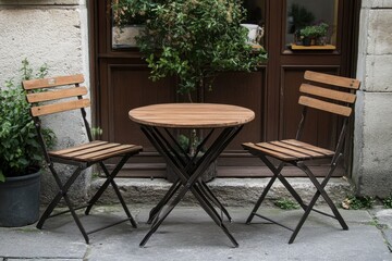 Obraz premium A small, round wooden table accompanied by two matching foldable chairs, both with metal