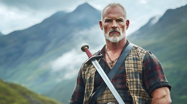 A Scottish Highlander warrior in traditional kilt and plaid standing tall and proud wielding a claymore sword with mist shrouded mountains in the dramatic atmospheric background
