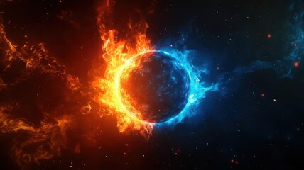 Obraz premium Abstract sphere engulfed in fire and ice, representing duality and balance.