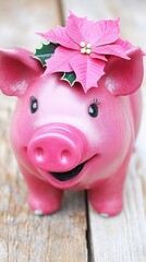 A charming pink pig figurine adorned with a festive poinsettia, perfect for holiday decor and cheerful ambiance.