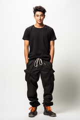 Naklejka premium A smiling man confidently posing in a casual black t-shirt and jeans