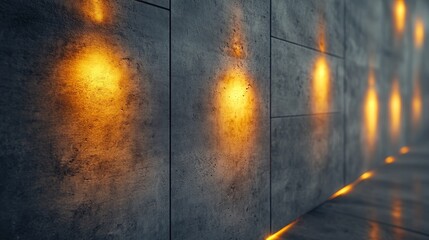 A close-up of the grey smooth concrete wall, illuminated by soft yellow light, with warm light enhancing key areas, suitable for key lighting in modern architecture and interior decoration design.