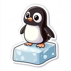 Cute Cartoon Penguin Standing on Ice Block