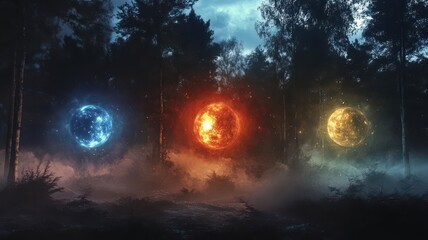 Mystical forest scene with three glowing orbs in different colors.