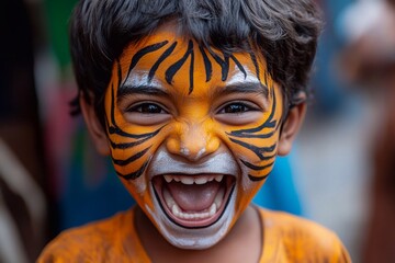 A little boy proudly showing off his tiger face paint, with stripes and whiskers, and roaring playfully.


