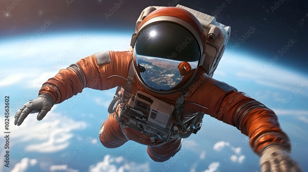 Poster solitary space explorer in a sleek futuristic space suit floating in the tranquil zero gravity void 