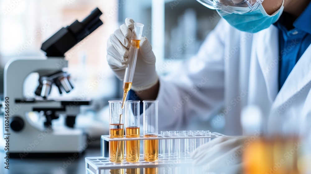 Poster scientist conducting an experiment with test tubes and a microscope in a laboratory setting during d
