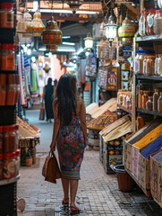 Fototapeta premium A woman in a colorful dress walks through a vibrant spice market, surrounded by traditional lanterns, spices, and handcrafted goods.