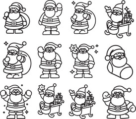 Set vector Santa Claus icon Christmas character drawing line art New Year symbol clipart for desin Holiday celebration concept contour decoration graphic gift bag outline children simple coloring page