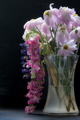 Faded and drooping blossoms on a black background.