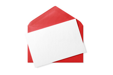 Opened red paper envelope mockup with paper sheet isolated on a transparent background, PNG. High resolution. 