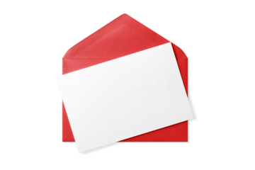 Opened red paper envelope mockup with paper sheet isolated on a transparent background, PNG. High resolution. 