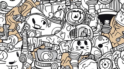 Obraz premium A playful steampunk adventure pattern, featuring elements like mechanical clocks, steam-powered bicycles, brass pipes, and cogs, interwoven with vintage compasses and top hats.