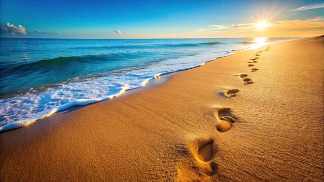 Summer beach scene with footprints in the sand near the ocean