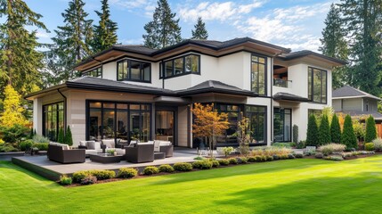 Fototapeta premium A stunning two-story home with a large backyard featuring an outdoor patio
