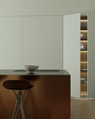 A modern minimalist kitchen with a sleek and elegant arrangement of a copper island
