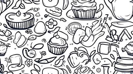 A playful tea time pattern, featuring elements like teapots, tea leaves, sugar cubes, and cupcakes, interwoven with floral decorations and tiny spoons. Soft outlines and a pastel palette,