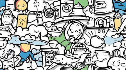 A playful travel adventure pattern, featuring elements like airplanes, suitcases, passports, maps, and camera icons, interwoven with world landmarks and directional signs.