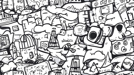 A playful travel adventure pattern, featuring elements like airplanes, suitcases, passports, maps, and camera icons, interwoven with world landmarks and directional signs.