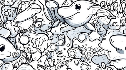 Fototapeta premium A playful underwater-themed pattern, featuring dolphins, turtles, and small fish swimming amidst coral formations, starfish, and drifting bubbles. Soft outlines and gradient shading,