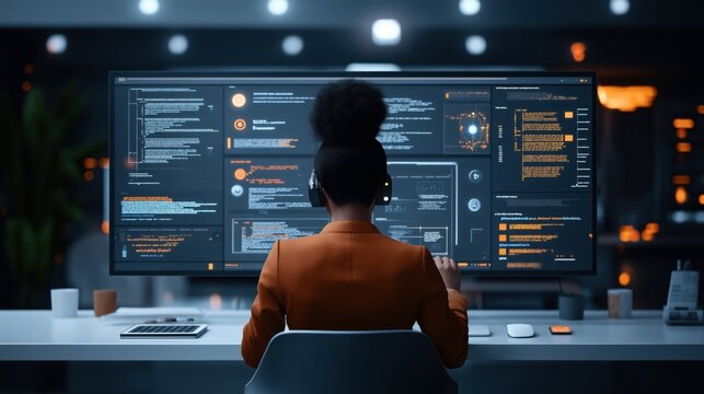 Woman working in a modern office with multiple screens displaying programming code and data visualizations, wearing headphones and seated at a desk with various office items