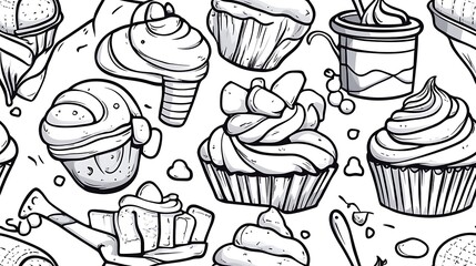 A playful vintage bakery pattern, featuring elements like cupcakes with swirled frosting, bread loaves, butter croissants, and coffee mugs, with whisks and rolling pins scattered throughout.