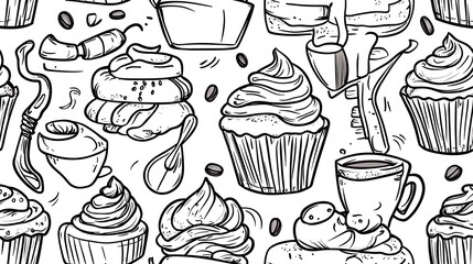 A playful vintage bakery pattern, featuring elements like cupcakes with swirled frosting, bread loaves, butter croissants, and coffee mugs, with whisks and rolling pins scattered throughout.