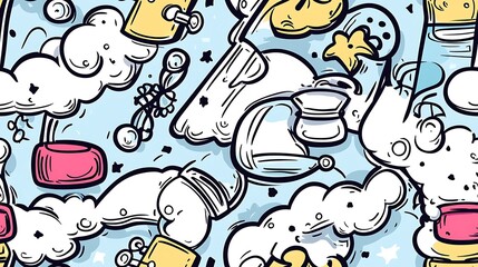 A science lab-themed seamless pattern, illustrating laboratory elements like flasks, Bunsen burners, DNA strands, and bubbling test tubes interspersed with atomic structures and chemical symbols.