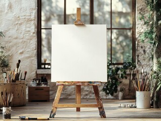 A blank canvas on an easel in a sunlit art studio, ready for a creative masterpiece to emerge and inspire artistic expression.
