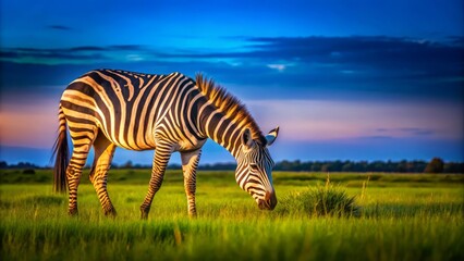 Obraz premium In a lush grassland, a magnificent zebra grazes serenely, embodying the essence of wildlife. This exquisite moment highlights nature's beauty and tranquility.