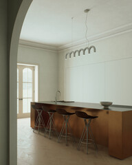 A modern minimalist kitchen with a sleek and elegant arrangement of a copper island