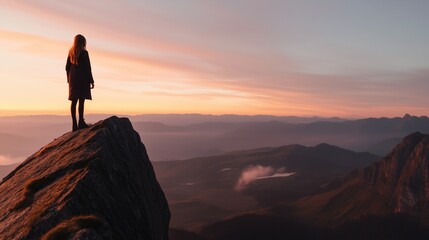 Obraz premium A person stands on a mountain peak while watching the sunrise over a vast landscape and distant mountains in tranquil morning light