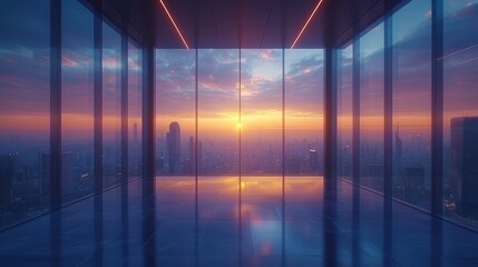 Fototapeta premium The futuristic office space overlooks stunning city landscapes through towering windows, showcasing a modern work environment filled with natural light and stylish design.