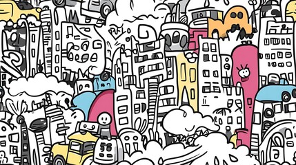 A seamless doodle pattern featuring a bustling cityscape with towering skyscrapers, cars, buses, streetlights, and pedestrians, all arranged in a dynamic, energetic layout.